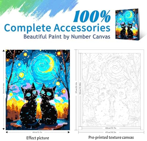 Yunnuo Paint by Numbers Kit for Adults Two Black Cat, Adult Paint by Number Kits Animals and Starry Night,DIY Paintwork with 3 Paintbrushes and Acrylic Paints,Perfect for Home Wall Decor 16x20 Inch