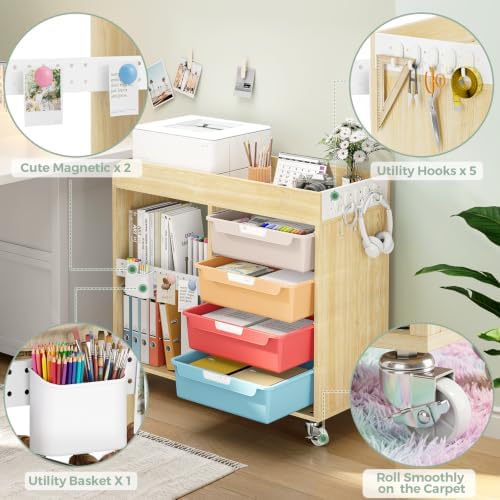 SYKIARIOL Craft Organizers and Art Supply Storage Art Cart, Classic Macaron | Rolling Cart with 4 Drawers & Metal Pegboard, 5 Hooks, Cute Macaron Color Magnets for Craft Room, Office, Classroom