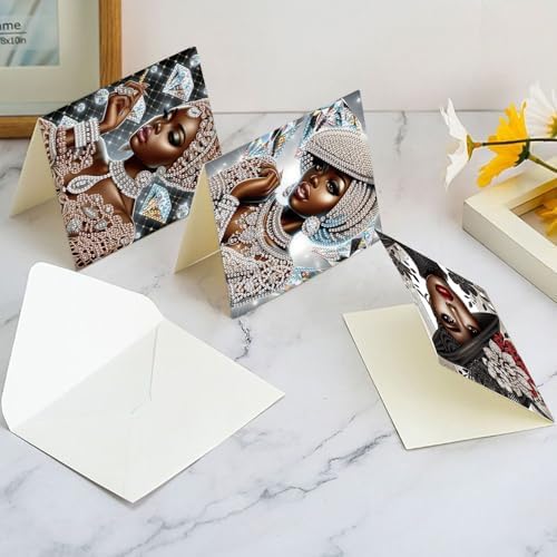 6 Pcs 5D Rhinestone Painting Greeting Cards Kits, Handmade Festival Greeting Cards with Envelopes Laser Effect DIY Diamond Art Crafts Birthday Cards for Birthdays Celebrations (Elegant African)
