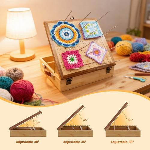 OCPO HOME 12'' Crochet Blocking Board - with Storage Drawer & 20 Pegs, Bamboo Granny Square Blocking Board for Crochet Projects, Ideal Crocheting Gifts for Crocheters