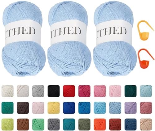 Cotton Chainette Yarn,4 Medium (Worsted)-10oz,3 Pack,Knitting Yarn for Beginners,Thicker for Crocheting and Knitting (28 Light Blue)