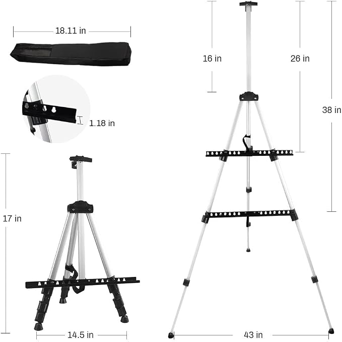 NS JYMB Easel Stand for Sign and Painting, 17-66 Inch Adjustable, Silver | Portable metal tripod easel for display stand, canvas holder, floor, poster board, wedding signs and travel use
