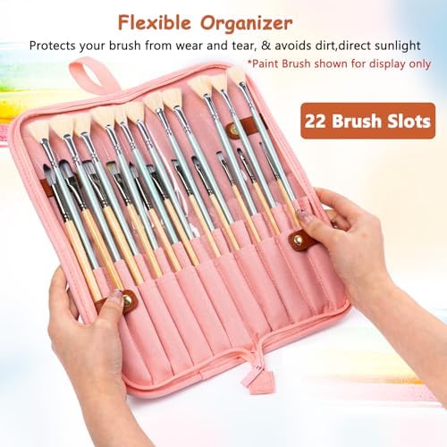 Paint Brush Holder Case for Artists with 22 Slots, Brush Organizer with Pop-Up Stand, Travel Paintbrush Storage Bag for Acrylic Oil Watercolor, Zippered Art Brush Cover (Brushes Not Included)