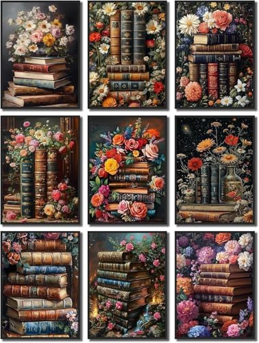 RYMILIE 9 Pack Diamond Art Kits for Adults Vintage Flowers and Books | D Diamond Painting Kit for Beginners, DIY Full Round Drill Gem Art Crafts for Home Wall Decor Gift 12x16inch