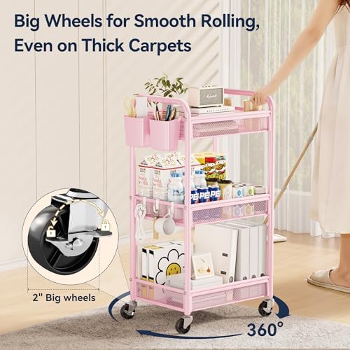 YASONIC 3 Tier Metal Rolling Cart, Pink Utility Storage Cart with Wheels | Metal Mesh Craft Cart With Hooks & Hanging Cups, Ideal For Kitchen, Bathroom, Office, Dorm, Art Workspace, Bedside Storage