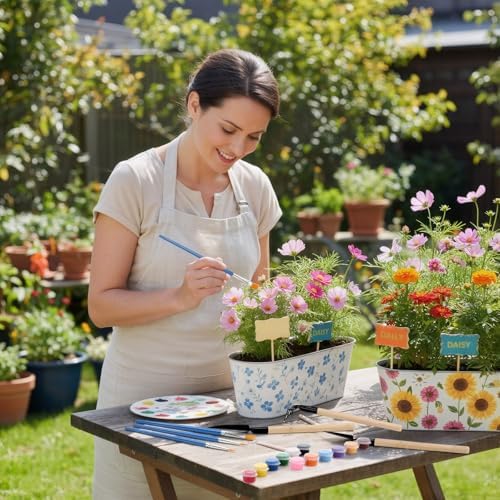 6 Sets Flower Pot Painting Kit DIY 6 Large Metal Iron Plant Pots Acrylic Paint Stickers Brushes Plant Labels Gardening Tool Kit for Planting Crafts Mother's Day Graduation Creative Gift