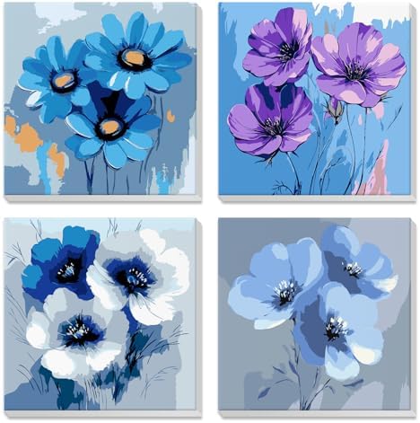 NEWENMO 4 Pack Paint by Numbers for Adults with Wooden Framed, Blue Flowers, Paint by Number Kits on Canvas for Beginner, DIY Acrylic Oil Painting Kits for Home Decor 8x8 inch, Beautiful Flowers