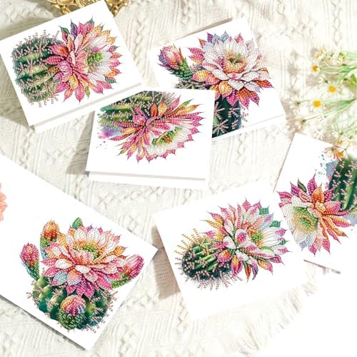 Tontut 6pcs Diamond Art Painting Kit Greeting Card, Cactus Flower 5D DIY Diamond Handmade Holiday Glitter Greeting Card with Envelope, Holiday Gift Congratulation