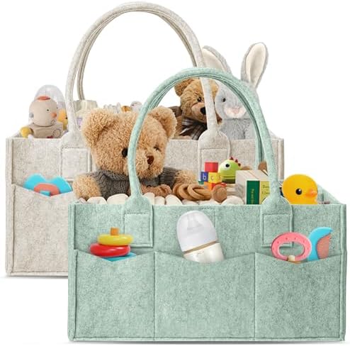 HIPHOP PANDA 2-Pack Diaper Caddy Organizer - Nursery Storage Bin & Car Organizer for Diapers, Wipes, and Baby Essentials - Dual-Color Solid Set (Green/Oatmeal), Regular Size