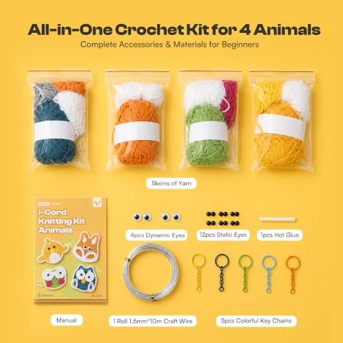 4 Pcs iCord Animals Knitting Kit, Complete Yarn & Aluminum Craft Wire Set