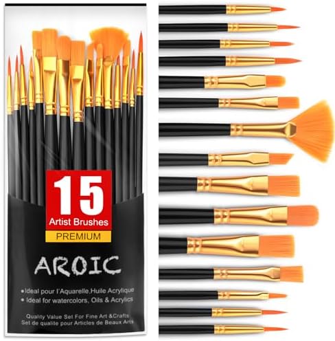 AROIC Acrylic Paint Brush Set,1pack/15pcs Nylon Hair Acrylic Painting Brush | Watercolor Rock Face Painting Brush, Artist Craft Brush Supplies, Paint Brush Set For All Purposes Children Adult painting