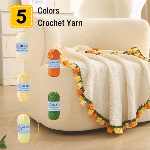 HZYZW Crochet Flower Blanket Kit for Beginners, 40'' Lily of The Valley Bouquet, Blanket Shawl Throw Kits for Adults, How to Knitting with Yarn, Home Decor Gifts for Crocheters (White-Yellow Lily)
