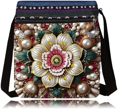 LSQFS DIY Diamond Art Painting Crossbody Bag for Women, Diamond Art Kits for Adults Ethnic Floral Pattern Shoulder Purse with Adjustable Strap & Zipper, Handmade Craft Bag for Shopping Traveling