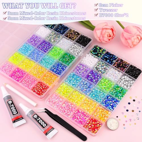 2 Boxes 3mm+5mm Jelly Rhinestones for Bedazzling, 20000Pcs Multicolor Flatback Resin Gems for Crafting, Bedazzler Kit with 2Pcs 10ml B7000 Jewelry Glue for DIY Crafts Book Fabric Decor Nail Art