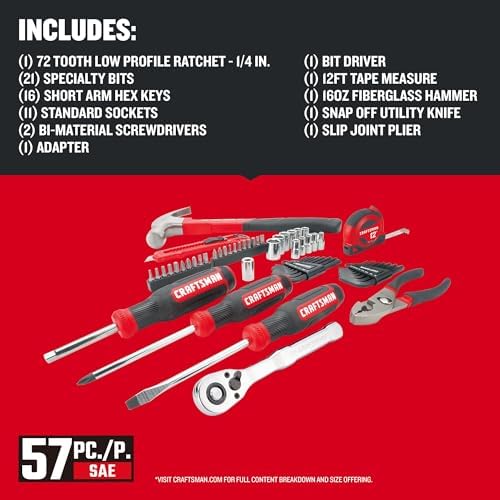 CRAFTSMAN 57 Piece Mechanics Tool Set Home Tool Set, Sockets, Ratchet, Screwdrivers, Hammer, Pliers, Hex Keys, Specialty Bits Hand Tools (CMMT99447)
