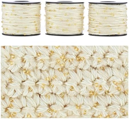 Artisanal Yarn Collection Multifiber Fancy Yarn for Knitting Crocheting Crafts DIY, Set of 3 Rolls (Cream Satin with Mini Golden Beads)