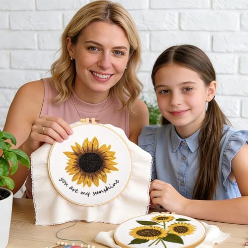 Sunflower Embroidery Kits for Beginners Adults, Floral Hand Embroidery Set Needlepoint Kits, Stamped Cross Stitch Kits for Beginners Adults, 2 Embroidery Hoops, Fabric, Thread(Attached Video Tutorial)