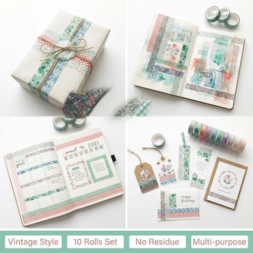 10 Pcs Vintage Washi Tape Set, 1.5 cm × 5 m Decorative Adhesive Tape Rolls, Multi Pattern Decorative Washi Tape for Scrapbooking, Journaling, Art Crafts, Planner, Gift Wrapping & DIY Decorations