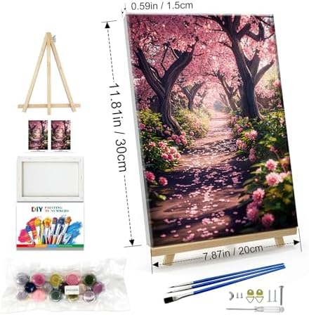 JOOZ Paint by Numbers Kit for Adults Landscape Paint by Number with Frame DIY Cherry Blossom Paint by Number with Easel Flowers Paint by Numbers Kit on Canvas for Gift Home Wall Decor 7.87x11.81 Inch