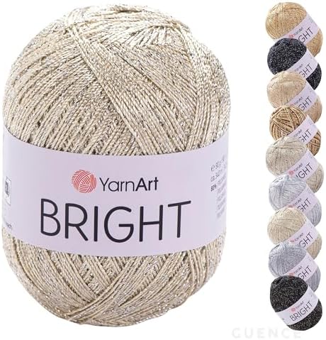 YarnArt Bright Metallic Glitter Yarn – 80% Polyamide 20% Metallic Polyester, 90g 340m, Soft Sparkle Fiber for Crochet, Lace, Summer Tops & Accessories – 4 mm Needle & Hook (121, Champagne Gold)