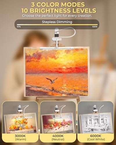 Clip-On Easel Lights for Painting,7W Artist Lamp,3 Color Modes,10 Brightness Levels,Flexible Gooseneck Clip Light for Easel,Desk,Piano,Monitor,USB Powered & No Battery(Adapter Not Included & White)