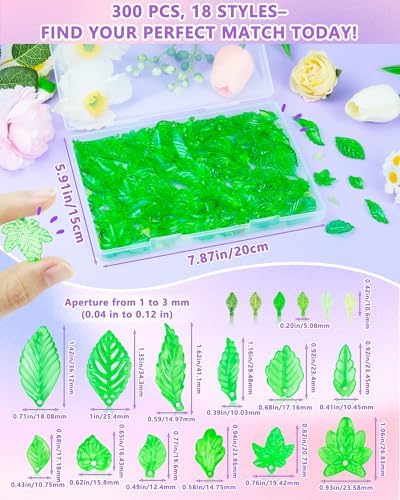 FIVEIZERO 300Pcs Acrylic Green Leaf Flower Beads for Jewelry Making