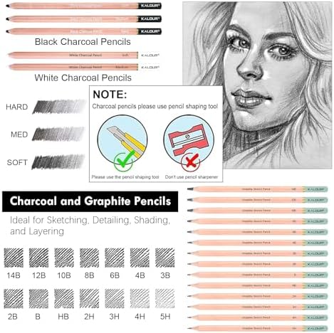 KALOUR PDAS 39pcs Drawing Pencil Set, Professional Sketching Kit with Graphite, Charcoal & Sketch Pencils for Drawing, Complete Drawing Kit for Artists & Beginners