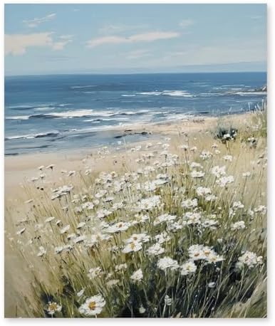 RLTXBUK Coastal Beach Diamond Art Kits, Beach House Room Decor, Coastal Daisy Floral Seaside Landscape Gem Diamond Painting Art Kits for Adults Kids Beginners, 9.8x11.8 Inch