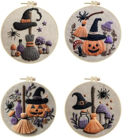 4 Pack Embroidery Halloween Kit for Adult, Embroidery DIY Starter Kit