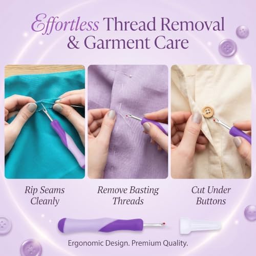 5 Pack Needle and Thread Seam Ripper Set, Purple, Ergonomic Non-Slip Handle Stitch Remover Tool for Sewing, Cross Stitch, Embroidery, Knitting and Crafting