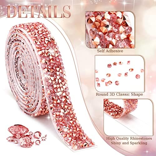 Xinnun 5 Rolls Rhinestone Ribbon Self-Adhesive Crystal Shiny Rhinestone Strips Bling Resin Diamond Ribbon for Graduation Party Decor, DIY Prom Dress,Craft(Pink, Rose Gold,0.59 Inch,Basic Style)