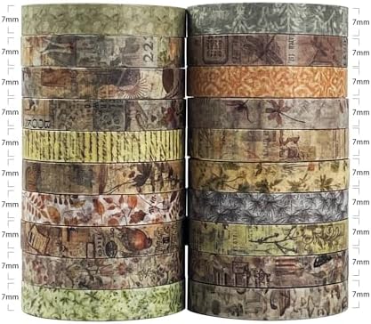Vintage Brown Skinny Washi Tape Set 20 Rolls -Antique Patterns Masking Thin Basic Decorative Tapes for Arts, DIY Crafts, Bullet Journal, Planners, Scrapbook Decor, Gift Wrapping, Junk Journal