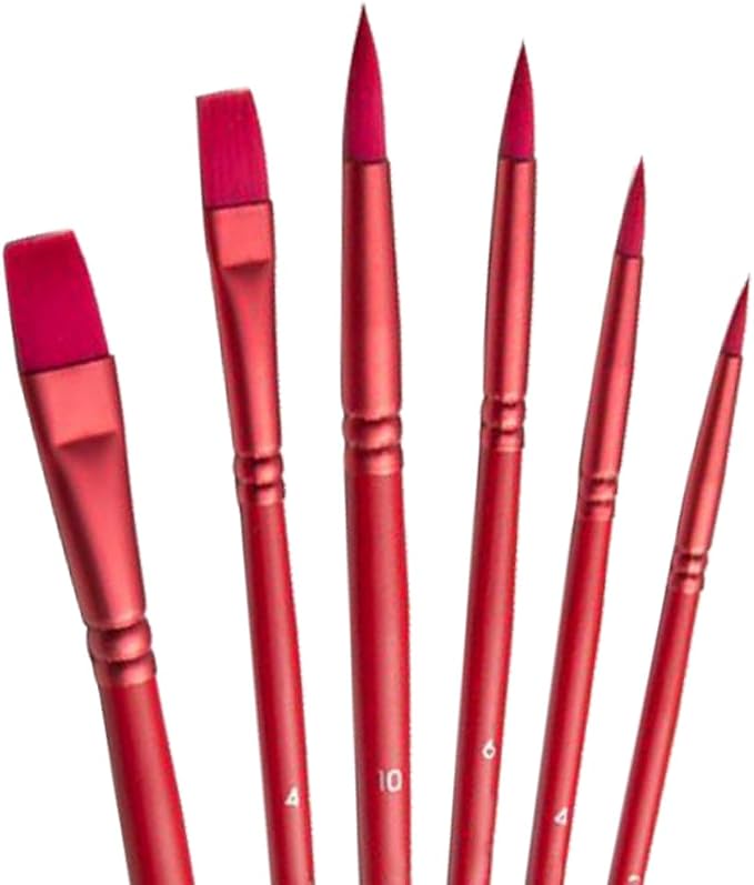 Acrylic Paint Brush Set, 6 pcs Watercolor Brushes, Painting Brush Nylon Hair Brushes for All Purpose Oil Watercolor Painting Beginner Kits (6, Red)