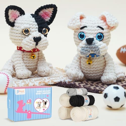 Gipony Crochet Kit for Beginners Animal,Crochet Animal Kits,Crochet Pet Toys Kits,Learn to Crochet with Step-by-Step Video Tutorials,Beginners Crochet Kits for Adults(2 Pack French Bulldog)