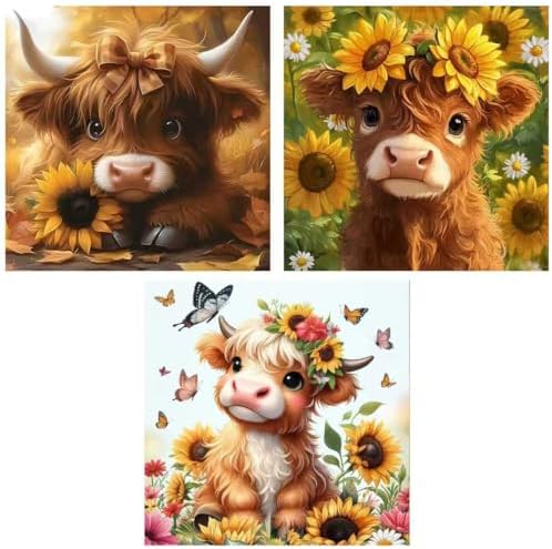 Benjenes 3PCS Highland Cow Diamond Art Kits for Adults, Diamond Painting