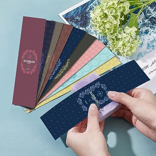 PH PandaHall 90PCS Handmade Wrap Label Tape, 9 Styles Floral Kraft Paper Soap Wrappers Vertical Soap Paper Tag Soap Sleeves Covers for Soap Lotion Bars Bath Gift Wrapping, 8.2 Inch Long