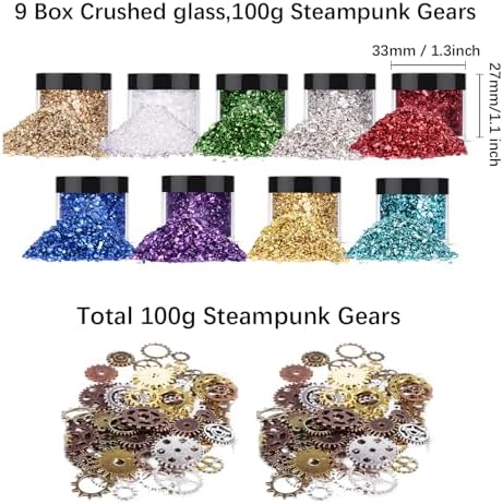 9 Box Broken Crushed Glass Glitter, with 100 g Steampunk Gears,6.4oz/180g Irregular Shards Metallic Crystal Chips 2-4mm Chunky Flakes Sequins Gravel for Epoxy Resin Craft Supplies G009
