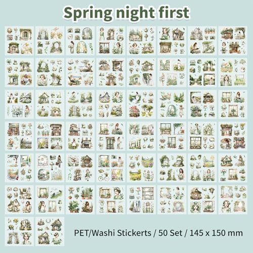 Haruno Theme Sticker Scrapbooking Supplies for Junk Journal, 50 Sheets Washi Stickers - Vintage Journaling Stickers