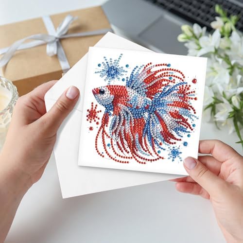 6-Piece 5D Diamond Art Greeting Card Kit with Envelopes, USA Independence Day Goldfish Design, DIY Special Shape Diamond Painting Greeting Cards for Adults, Handmade Card Craft Holiday Gift, 30x15cm