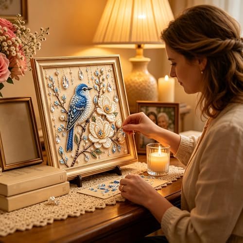 Pearl Art Kits for Adults Bird Flower DIY Beaded Embroidery Kits with Crystal Rhinestones Pearl Painting Craft Kit with Pre-Printed Canvas Handmade Home Wall Decor Gift (Blue Bird)