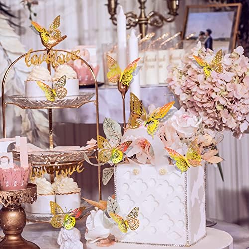 SAOROPEB 3D Butterfly Wall Decor 48 Pcs Laser Gold Butterfly Decorations | 4 Styles 3 Sizes, Birthday Decorations Butterfly Party Decorations&Butterfly Cake Decorations-Removable Gold Butterfly