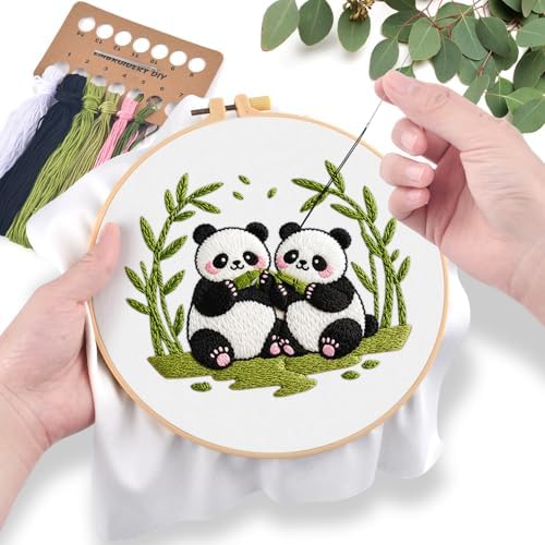 ERKOON Embroidery Kit for Beginners Adult, Cross Stitch Set Include Embroidery Cloth Hoop Threads for Craft Lover Hand Stitch with Embroidery Skill Techniques (Panda)