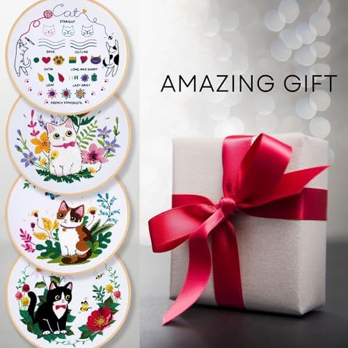 4-Piece Cat Embroidery Kit for Beginners, Needle Point Kit Adults Beginner