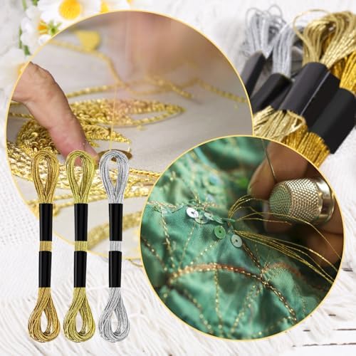 6 Skeins Metallic Embroidery Threads (Gold+Light Gold+Silver)