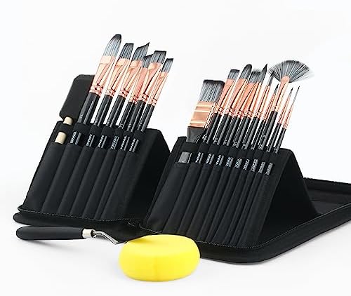 Transon 20Pcs Art Paint Brush Kit with Storage Case, 16 Brushes + Foam Brush Spatula Sponge for Acrylic Oil Watercolor Gouache, Adults Teens Beginners Art Supplies