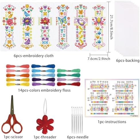ORIGACH 6 Set Vintage Folk Floral Cross Stitch Bookmark Kit for Beginner