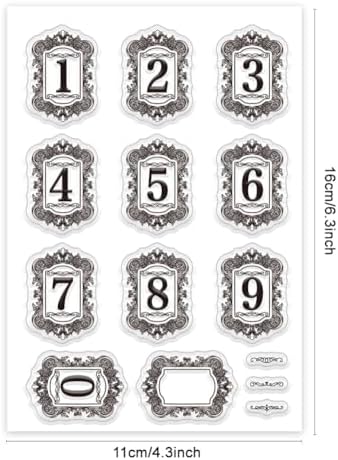 PH PandaHall Number Clear Stamps, Retro Frame Rubber Stamps Letter Transparent Seal Stamp Number with Vinatge Frame Silicone Stamp for Card Making Photo Album DIY Scrapbooking, 6.3x4.3inch/16x11cm