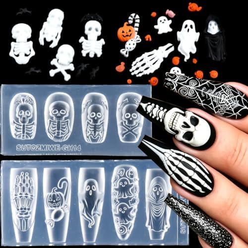 2PCS Silicone Nail Art Molds, 3D Skull, Ghost, Pumpkin Nail Charms Molds
