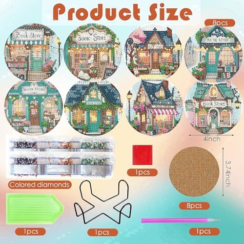 ijbnhd Diamond Art Coasters Kits, 8 Pcs, Book Store, 4x4 inch
