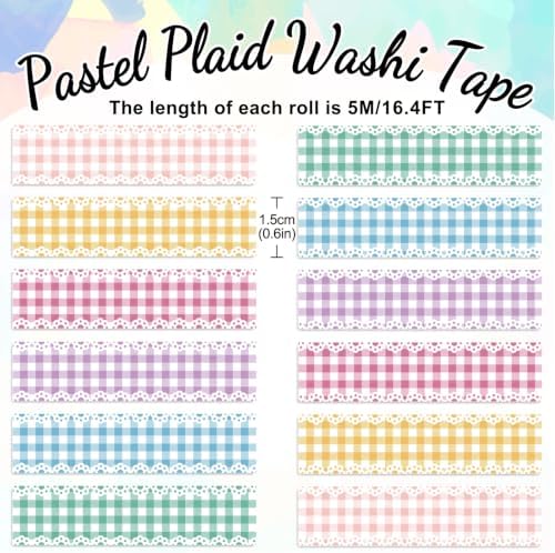 AnyDesign 12 Rolls Plaid Washi Tape Masking Tape Set, Colored Lace Gingham